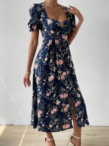 SHEIN VCAY Floral Print Puff Sleeve Ruched Split Thigh Bustier Dress - Multicolor - View 4