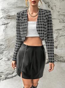 SHEIN Privé 格紋圖案開門襟短款花呢外套 - 黑色 - 查看 7