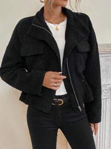 SHEIN LUNE Túi có nắp Eo dây rút Thả vai Áo Teddy Jackets - màu đen - Xem 3