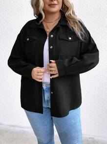 SHEIN LUNE Plus Flap Pocket Drop Shoulder Jacket - Black - View 4