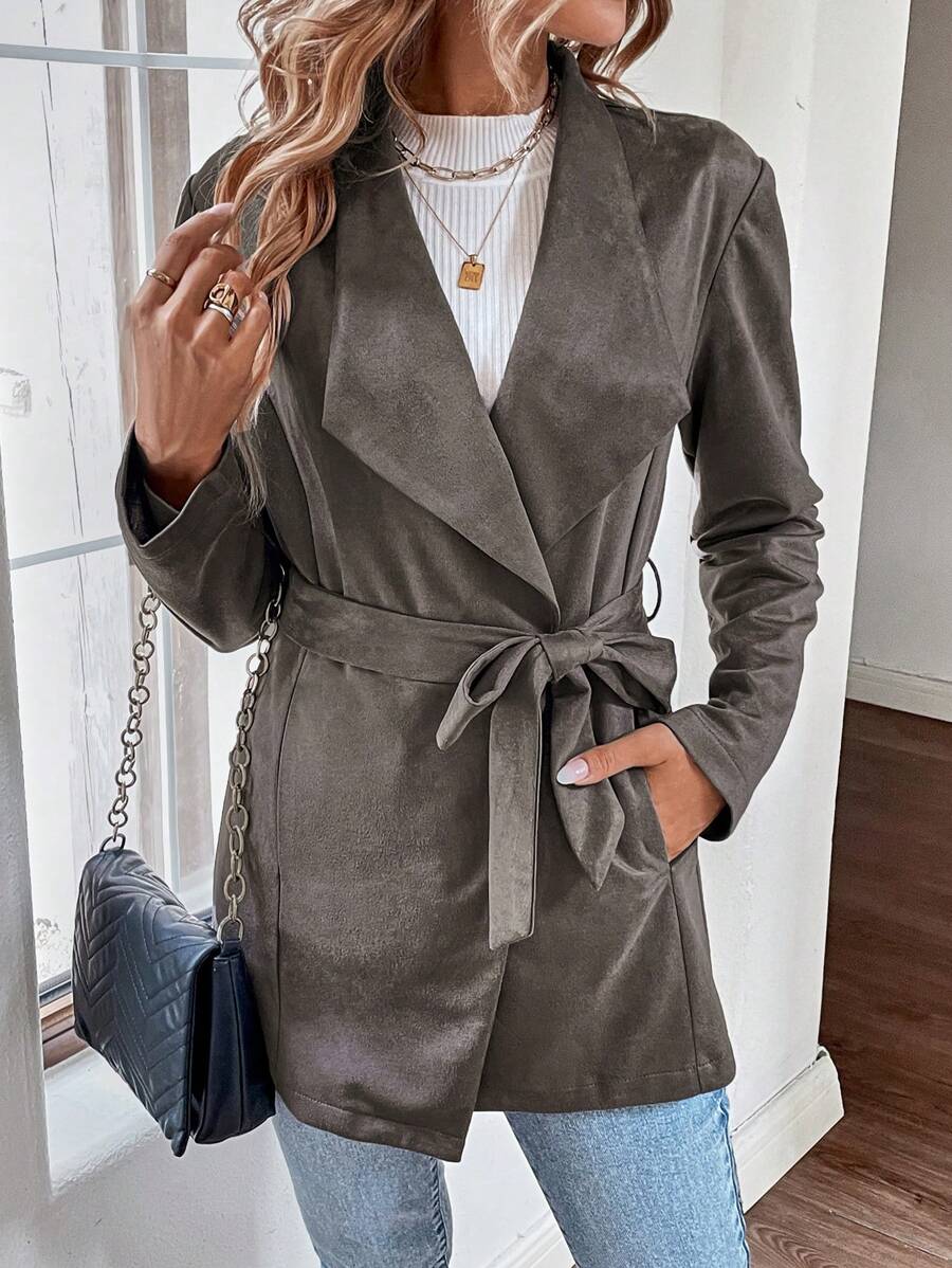 EMERY ROSE Waterfall Collar Belted Suedette Coat - Grey - View 1