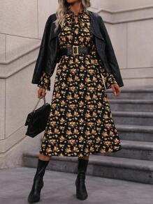 SHEIN LUNE 滿版印花喇叭袖繫帶領洋裝不附腰帶 - 黑色 - 查看 3