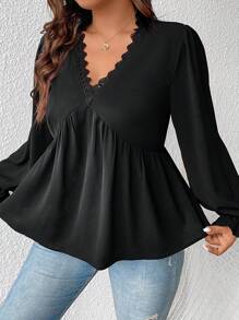 SHEIN Frenchy Cộng thêm áo kiểu ren viền ren guipure tay loe áo peplum - màu đen - Xem 5