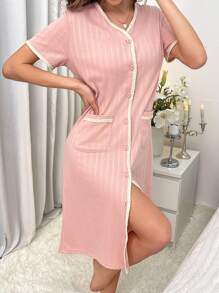 Camisón de noche con botones y ribete de contraste, Moo Moo - Rosa - Ver 6