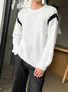 Claim Dot 男士撞色拼接落肩毛衣 - 白色 - 查看 5