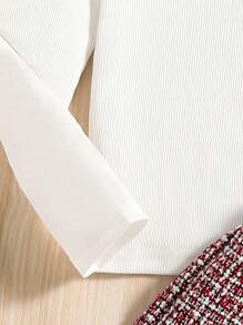 SHEIN Tween Girl Mock Neck Tee & Plaid Tweed Overall Romper - Red and White - View 5