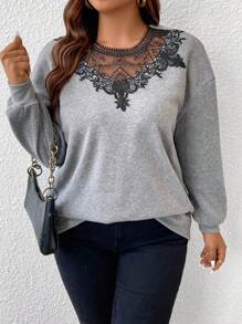 SHEIN Frenchy Plus Guipure Lace Insert Drop Shoulder Sweatshirt Winter Fall Autumn - Grey - View 3