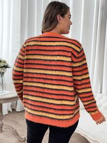 SHEIN Franclia Hơn Mẫu sọc Áo len Mở - Màu Cam san hô - Xem 2