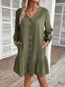 SHEIN LUNE Vestido smock unicolor con botón delantero bajo con fruncido - Verde militar - Ver 1