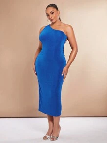 SHEIN BAE Plus One Shoulder Backless Bodycon Dress - Blue - View 3