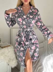 Bata de franela con cinturón y estampado de corazones, para otoño e invierno, esponjosa y acogedora - Multicolor - Ver 5