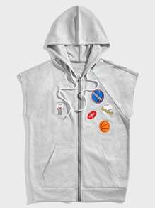 ROMWE MEN Street Life Nam Đồ họa Chữ cái Dây kéo Dây rút Hoodie - Xám - Xem 1