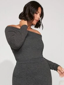 SHEIN BASICS Plus Off Shoulder Sweater - Dark Grey - View 3