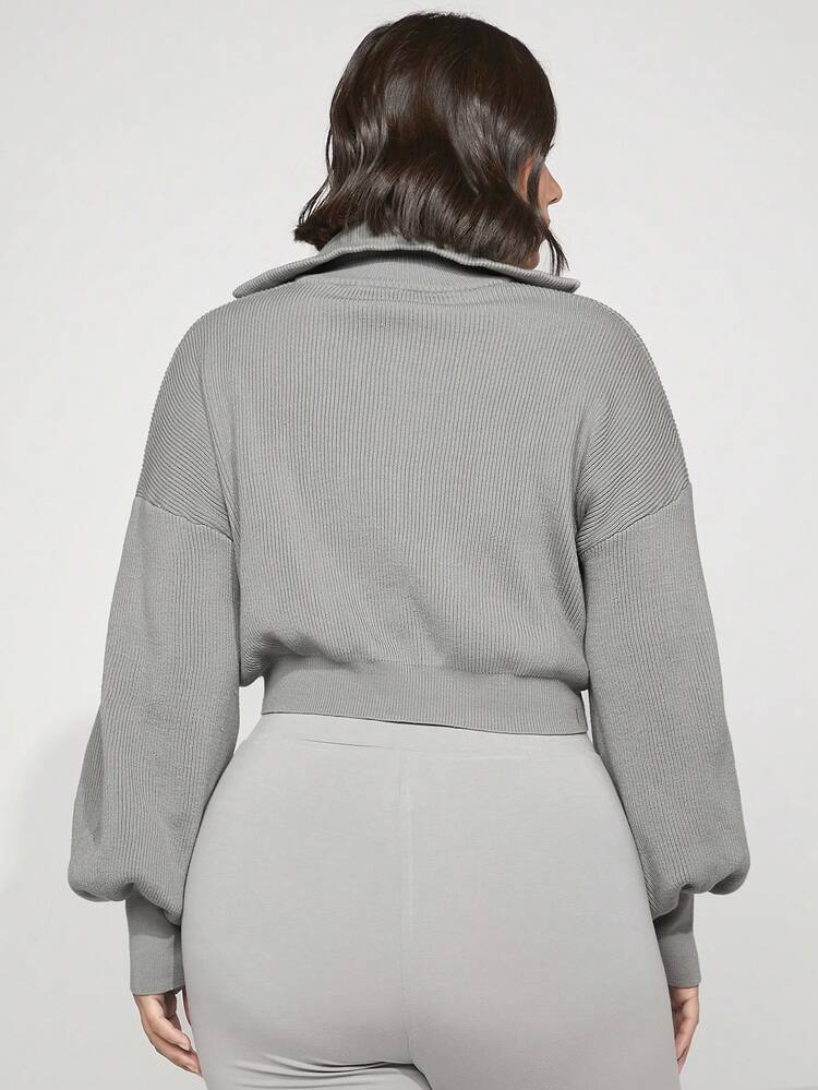 Plus Half Zip Drop Shoulder Crop Sweater