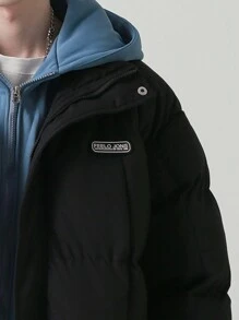 Men Letter Patched Zip Up Padded Coat - Black - View 3