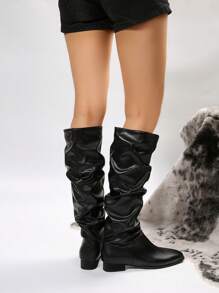 女士休閒平底/低跟長筒靴,女士新款時尚多功能黑色鞋子,適合休閒長靴。 - 黑色 - 查看 6