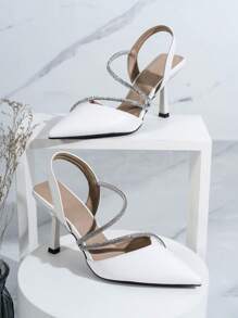 SVRM Giày cao gót thời trang nữ thanh lịch bằng da đan chéo đính đá Rhinestone quai mắt cá chân - trắng - Xem 2