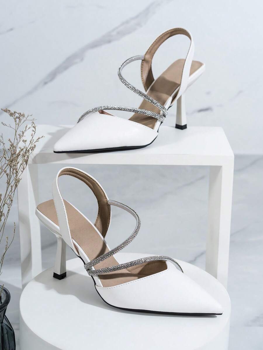 SVRM Giày cao gót thời trang nữ thanh lịch bằng da đan chéo đính đá Rhinestone quai mắt cá chân