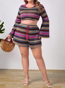SHEIN VCAY Plus Chevron Pattern Trumpet Sleeve Crop Top & Tie Waist Shorts