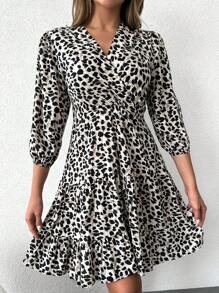 Leopard Print Lantern Sleeve Ruffle Hem Dress - Multicolor - View 3