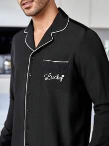Men Letter Graphic Contrast Piping PJ Set / Pajama Set - Black - View 7