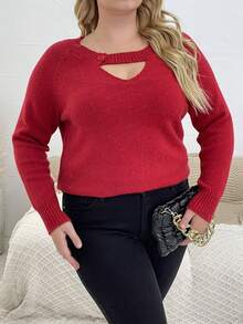 SHEIN Unity Hơn Cắt ra Tay Raglan Áo len - Đỏ - Xem 4