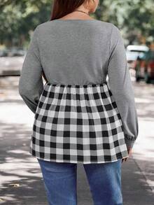 SHEIN LUNE 大碼紐扣細節雙色格子荷葉邊下擺T恤 - 彩色 - 查看 2