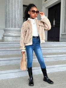 SHEIN Tween Girl Flap Detail Drop Shoulder Flannel Jacket - Khaki - View 4