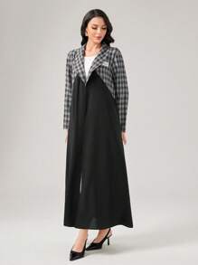 Al Najma Plaid Panel Open Front Abaya - Black and White - View 1