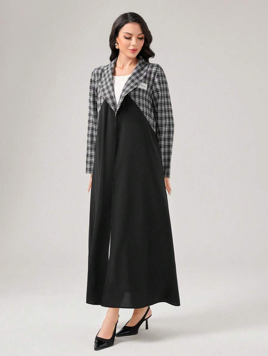 Al Najma Plaid Panel Open Front Abaya - Black and White - View 1