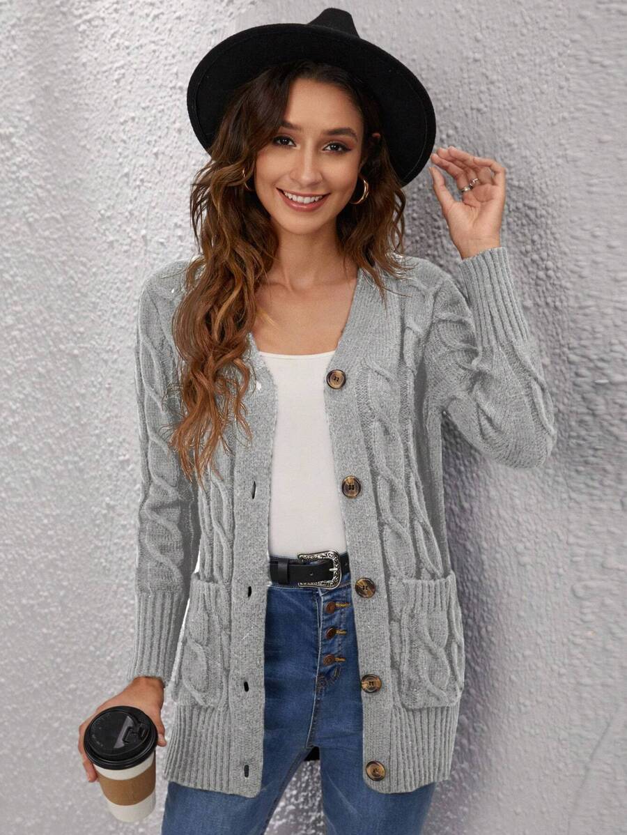 SHEIN LUNE Cable Knit Button Front Cardigan In Fall/Winter - Light Grey - View 1
