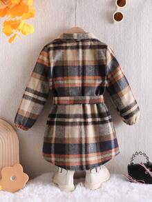 SHEIN Cô Gái Trẻ In kẻ sọc Chi tiết về Flap Thắt lưng Áo khoác Không có áo len - màu nâu - Xem 2