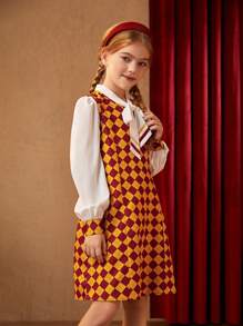 HARRY POTTER X SHEIN 青少女鑽石圖案連身裙和系領襯衫 - 彩色 - 查看 6