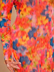 SHEIN BAE 大码圆领长袖时尚扎染紧身连衣裙 - 橘色 - 查看 4