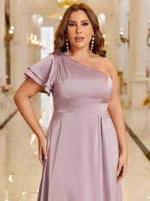 SHEIN Belle Plus 1pc One Shoulder Split Thigh Satin Dress - Dusty Pink - View 3