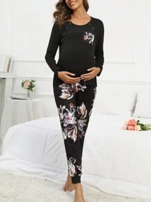 SHEIN Set pigiama/Pigiama per gestanti con stampa floreale e tasche