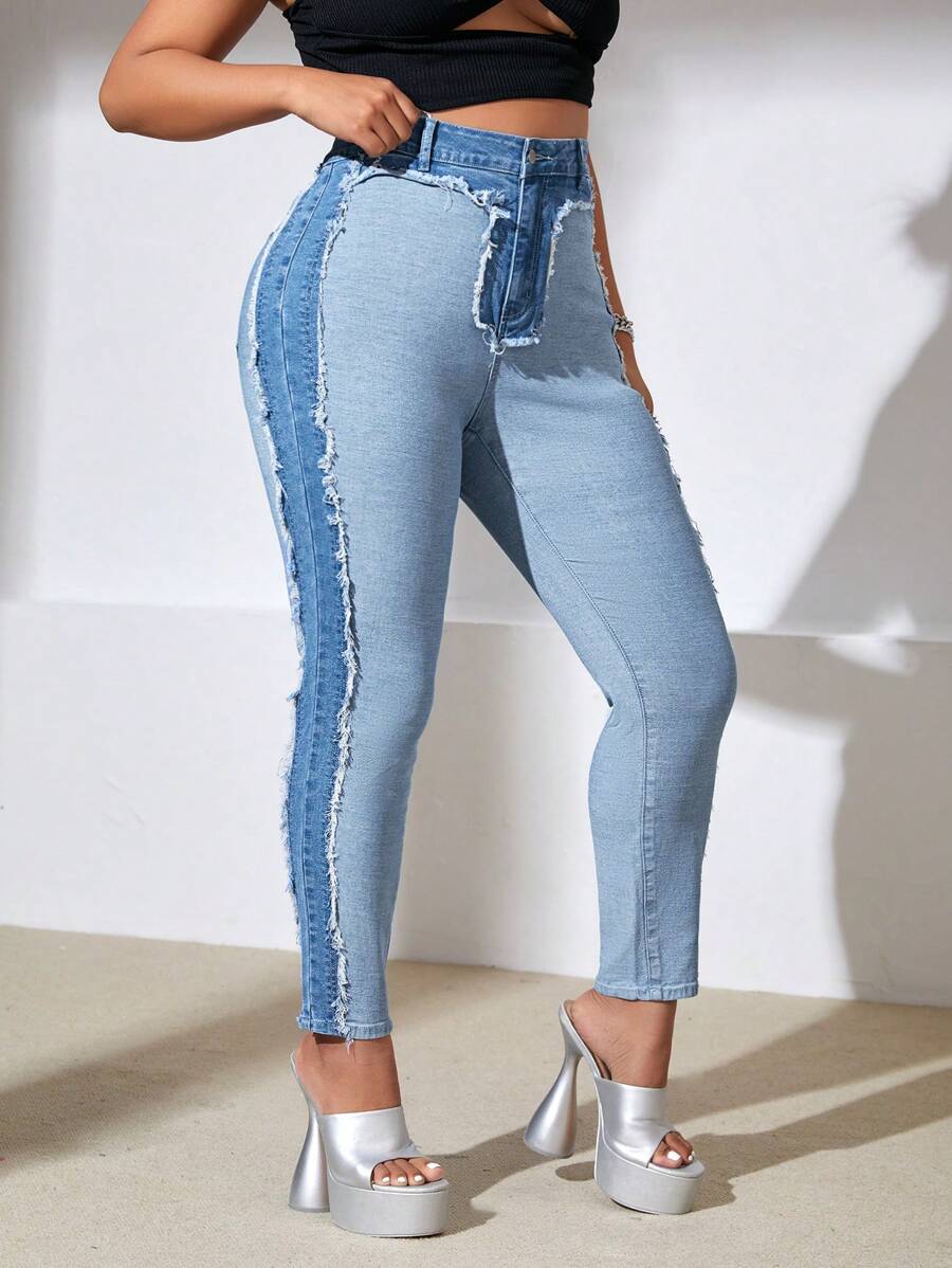 SHEIN ICON 大碼高腰毛邊緣緊身牛仔褲 - 藍色 - 查看 1