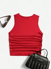 SHEIN EZwear Top tank crop unicolor fruncido - Rojo - Ver 1