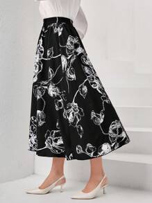 SHEIN Clasi 印花彈性腰帶半身裙 - 黑色 - 查看 1