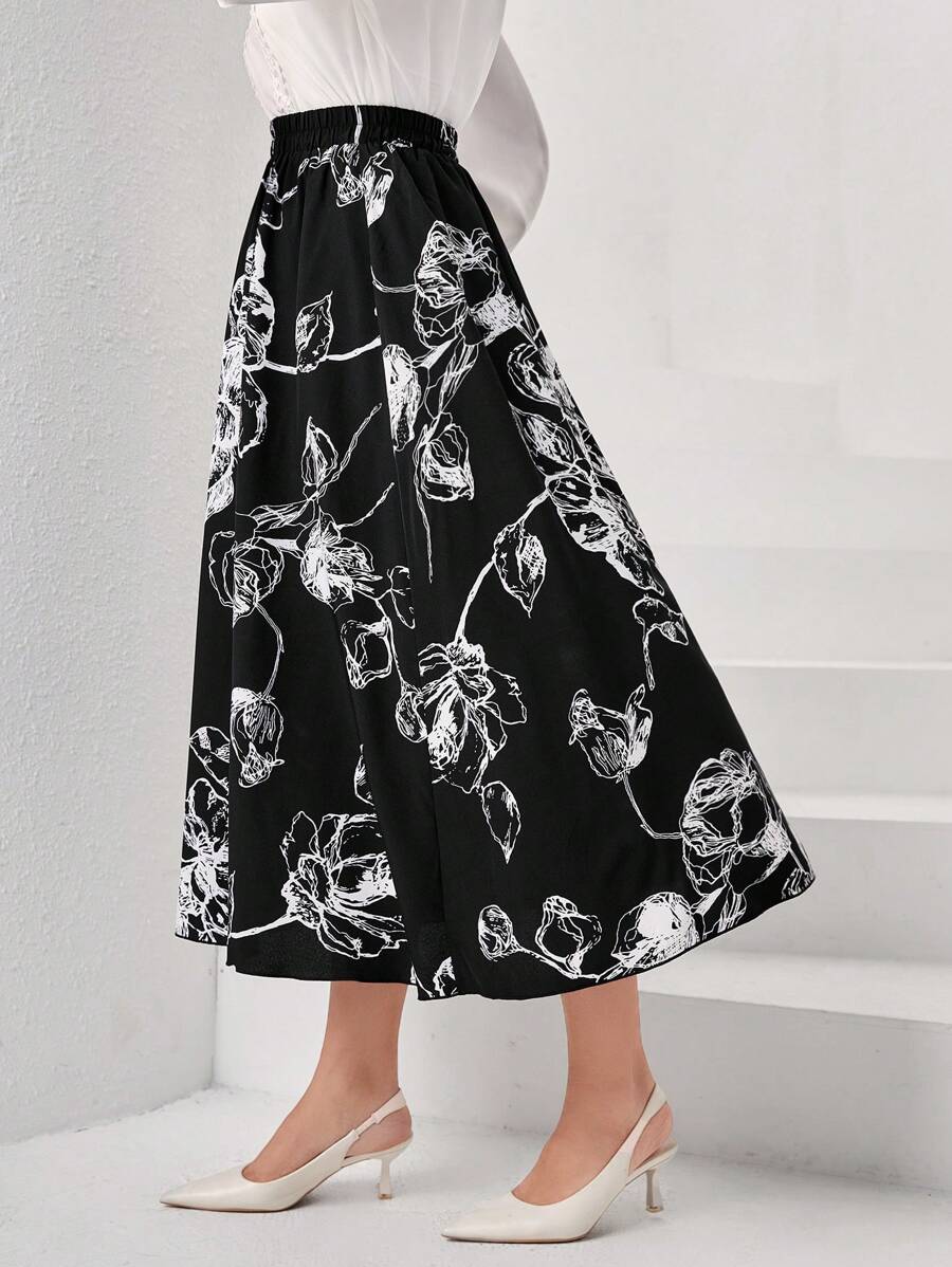 SHEIN Clasi 印花彈性腰帶半身裙 - 黑色 - 查看 1