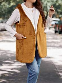 SHEIN LUNE 大碼開門襟連帽法蘭絨外套馬甲 - 彩色 - 查看 3