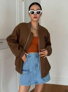 DAZY Veste bomber à fermeture éclair avec motif de lettre, épaules tombantes. Vêtements d'automne pour femmes