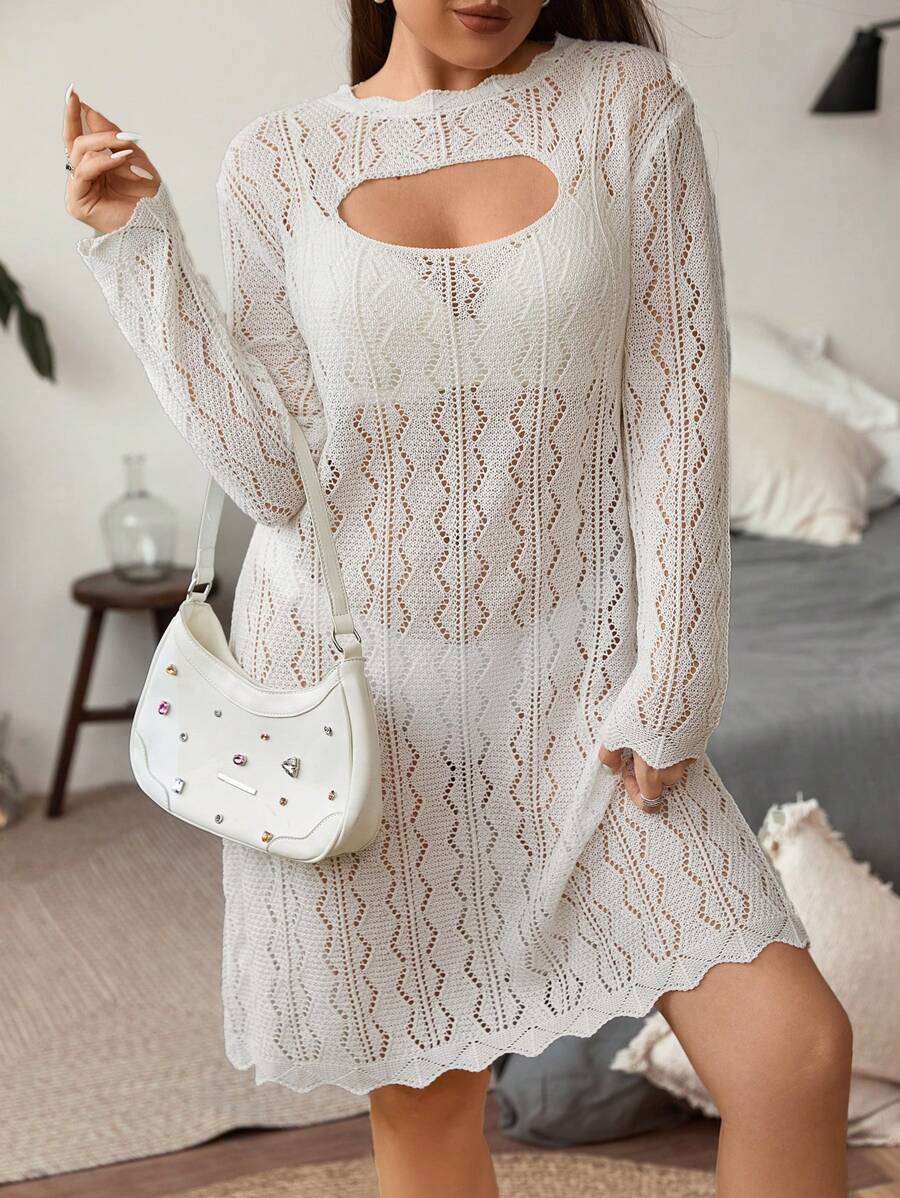 Flirla Plus Cut Out Scallop Trim Sweater Dress Without Lingerie Set - White - View 1