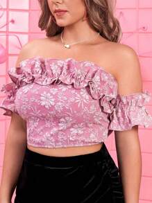 Celure Plus Floral Print Off Shoulder Ruffle Trim Crop Blouse With 1 Pair Detachable Sleeves - Pink - View 6