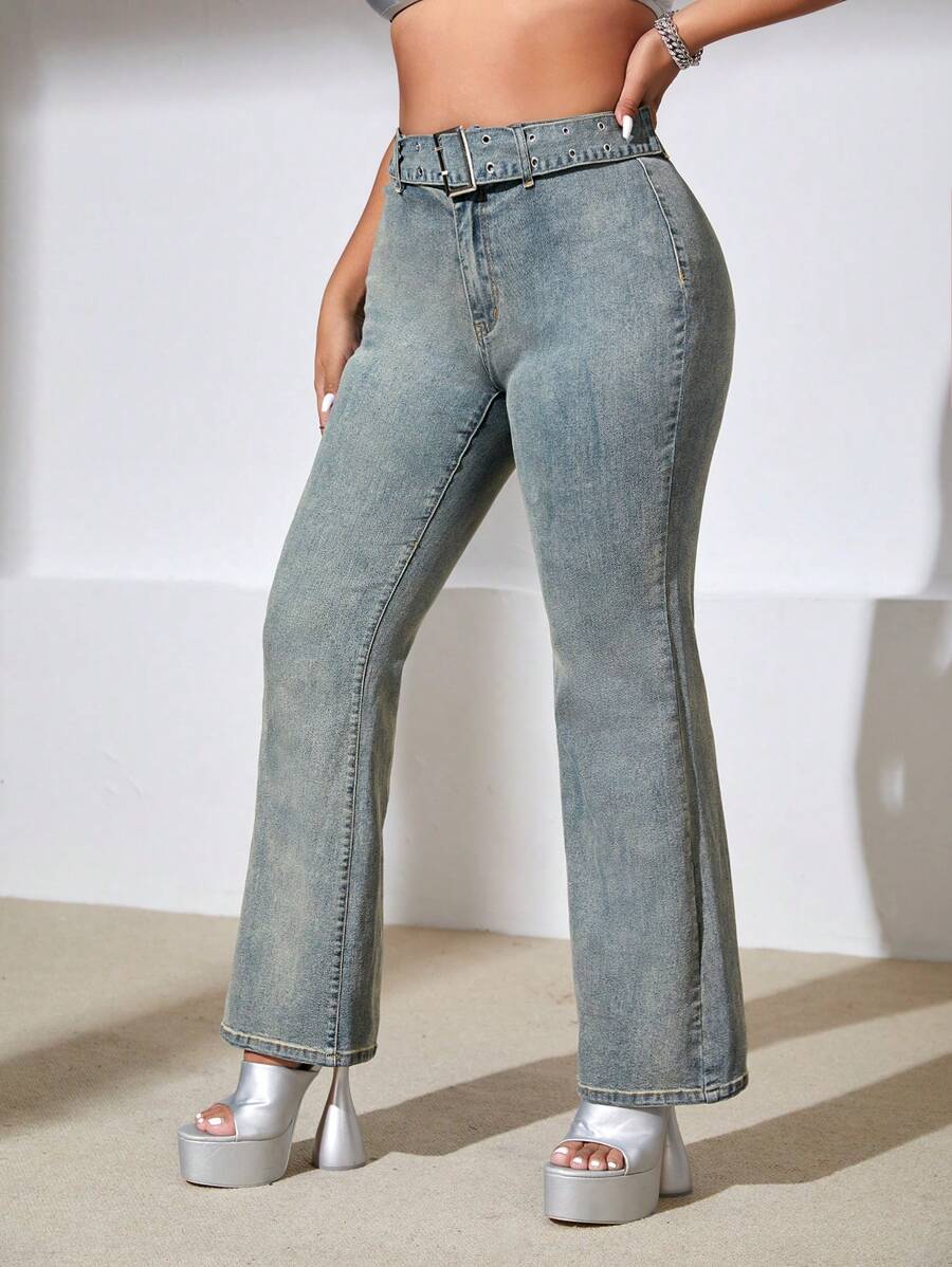 SHEIN ICON 大碼搭扣腰帶牛仔喇叭褲 - 銅色 - 查看 1