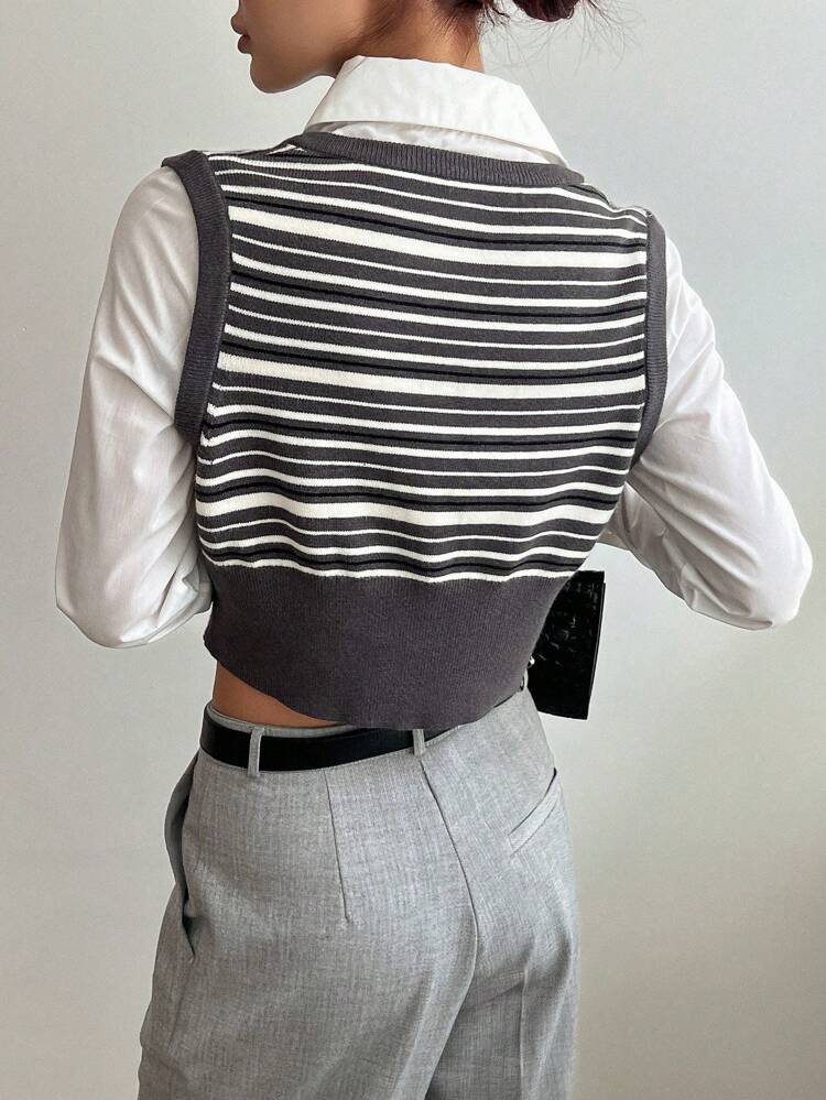 Striped Pattern Sweater Vest Without Blouse,Fall Clothes Crop Women Tops