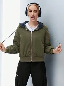 SHEIN Unity Zip Up Drawstring Hooded 2 In 1 Crop Padded Padded Coat Clothes Winter Fall Cloth For Women - Army Green - View 4