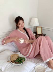 DAZY Tương phản Schiffy Trim Vá Túi Bộ PJ - Bụi hồng - Xem 3