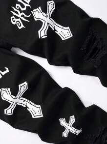 Manfinity Roughcore 男士十字字母图案破洞磨边修身牛仔裤，长款十字图案纯黑色水洗工装牛仔裤，送给丈夫、男友的礼物 - 黑色 - 查看 7