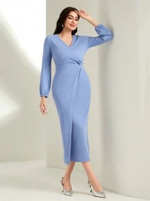 Seusyu Solid Wrap Hem Bodycon Dress - Blue - View 4